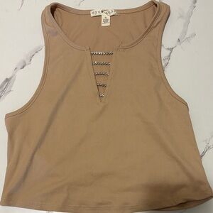 Eye Candy Beige Ribbed Tank Top with Ladder Detail